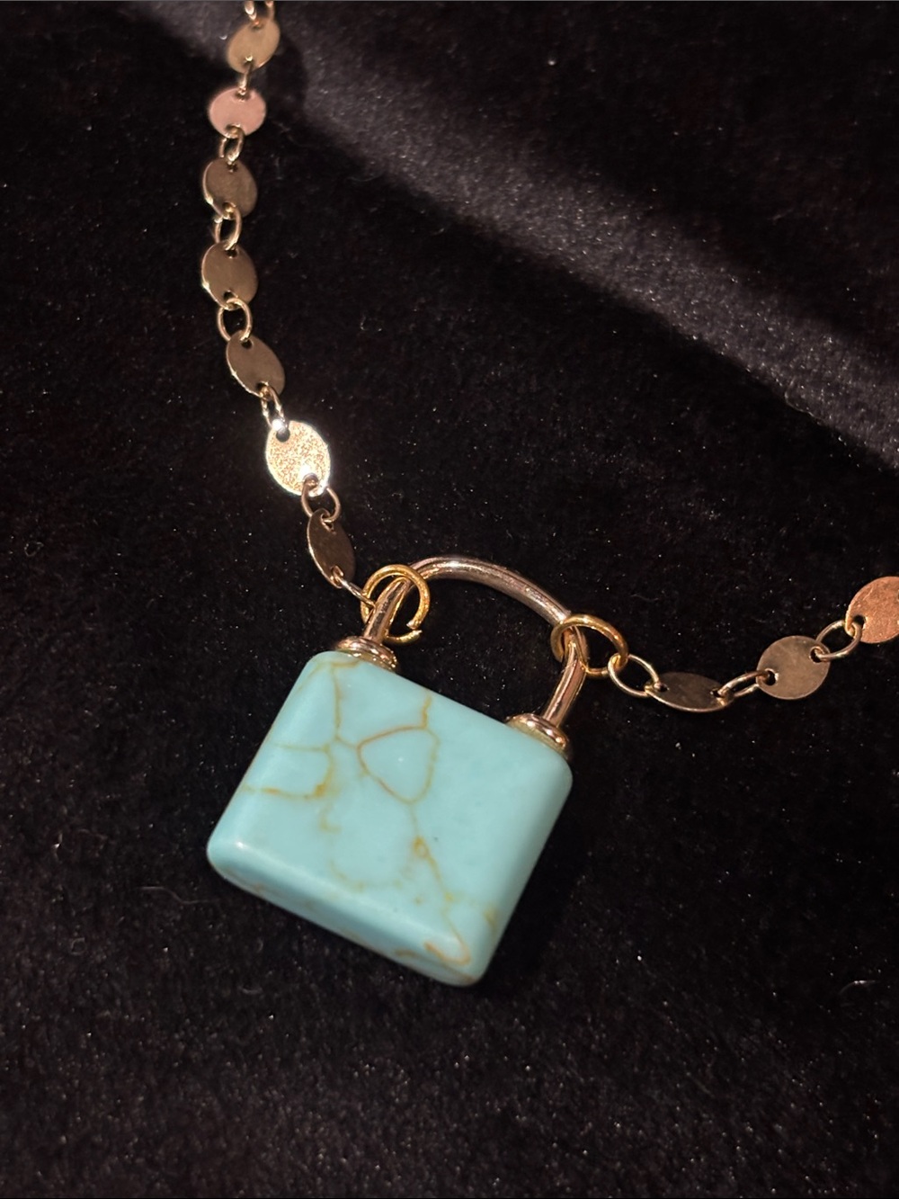 KB turquoise lock gold tone dainty statement necklace western equestrian 17”